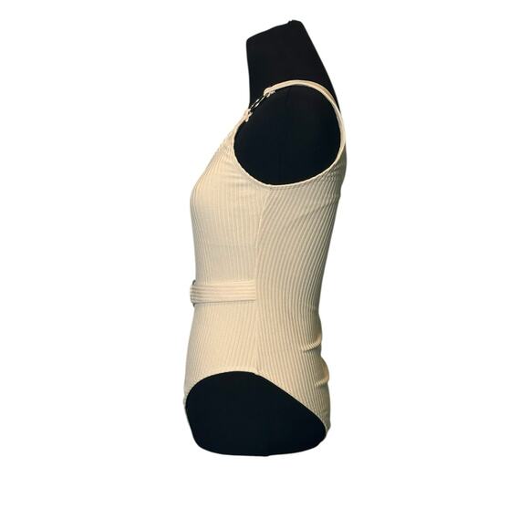 Beige ribbed one shoulder front belted one piece swimsuit size Small - Picture 4 of 14